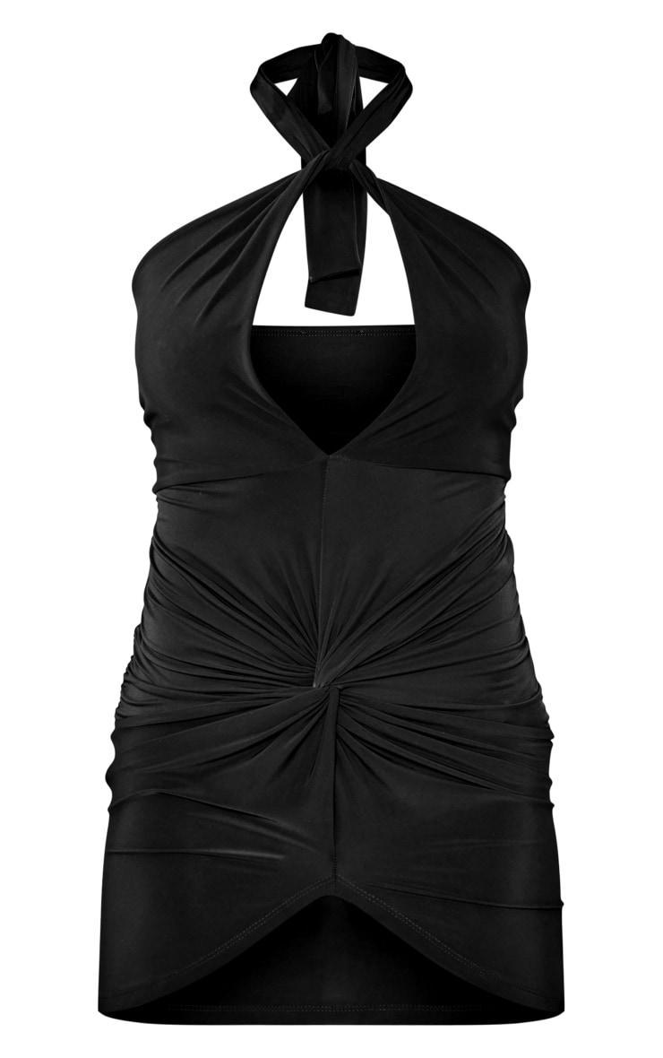 Black Slinky Cut Out Knot Detail Halter Bodycon Dress Product Image