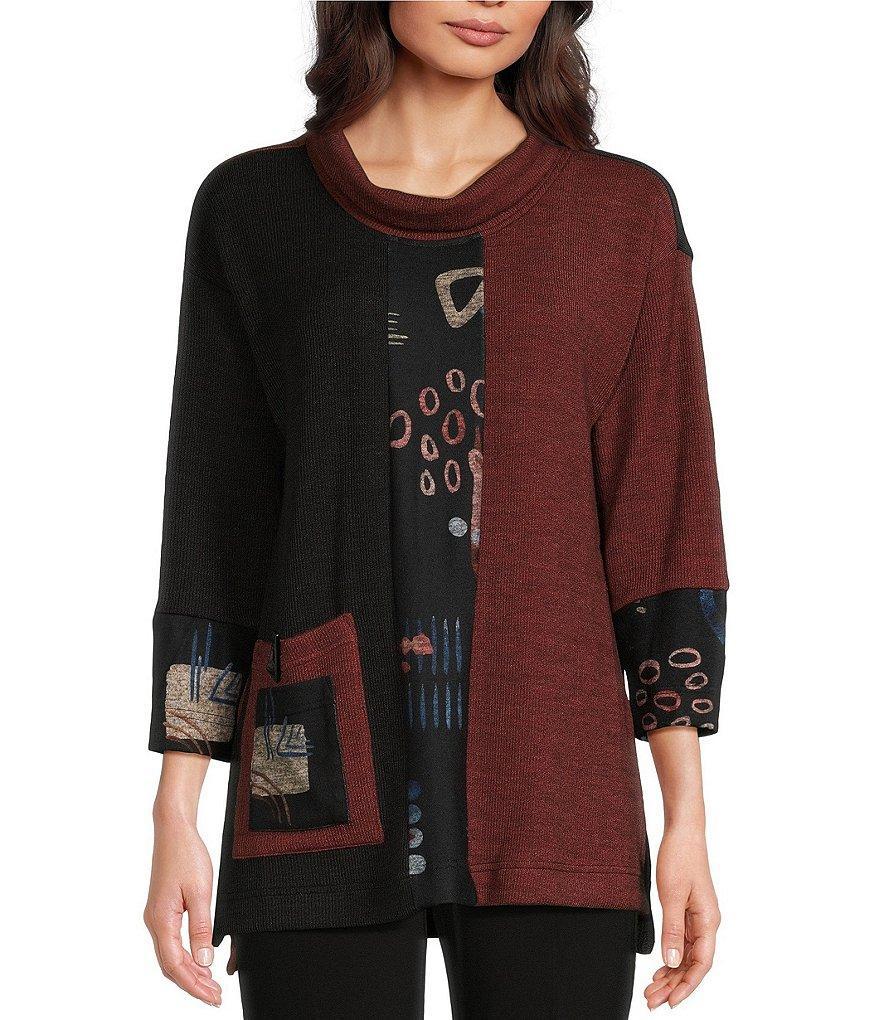 Ali Miles Textured Ribbed Knit Color Block Print Cowl Neck 3/4 Sleeve Tunic Product Image