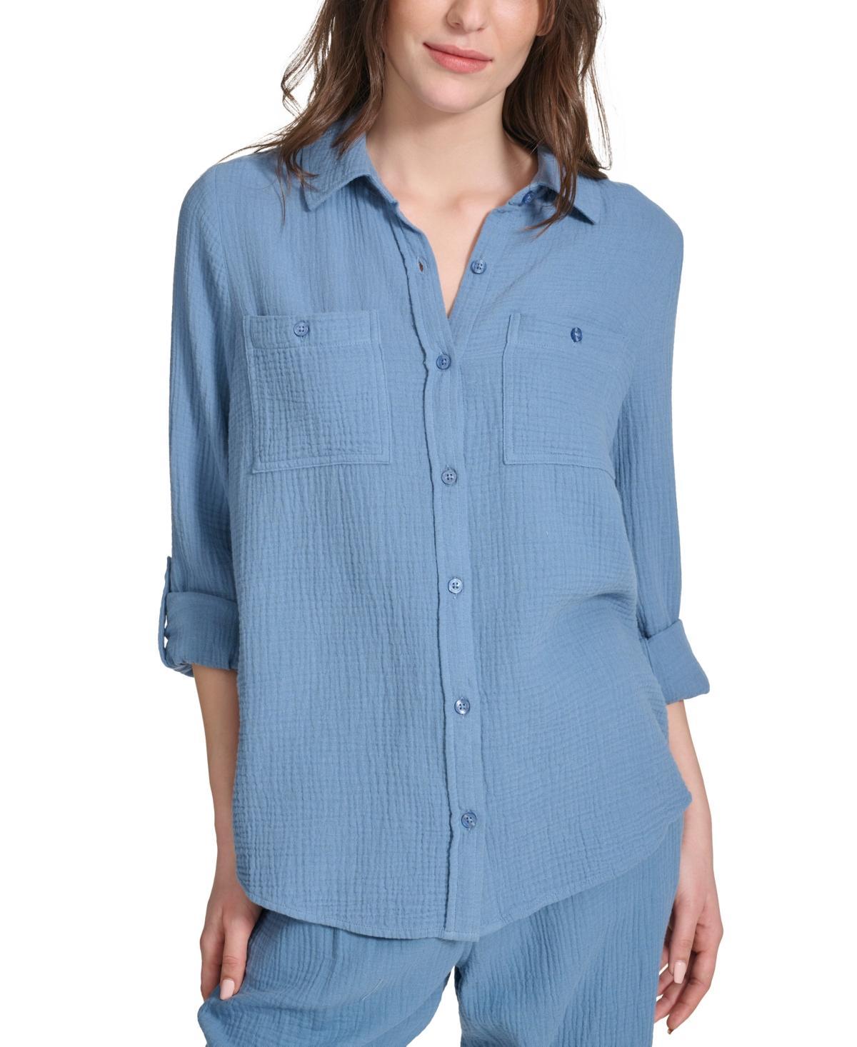 Calvin Klein Jeans Womens Double-Crepe Button-Down Roll-Tab-Sleeve Shirt Product Image