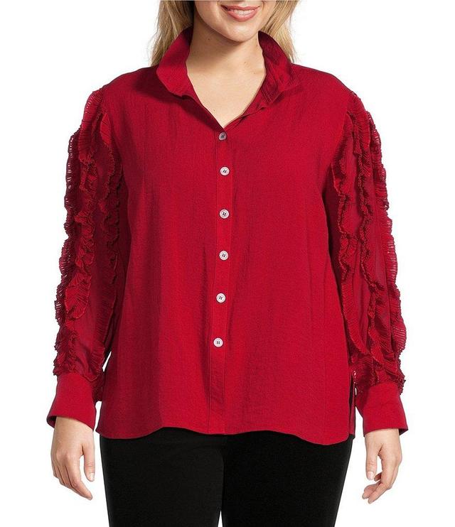 John Mark Plus Size Woven Point Collar Long Sheer Ruffle Sleeve Hi-Low Hem Top Product Image