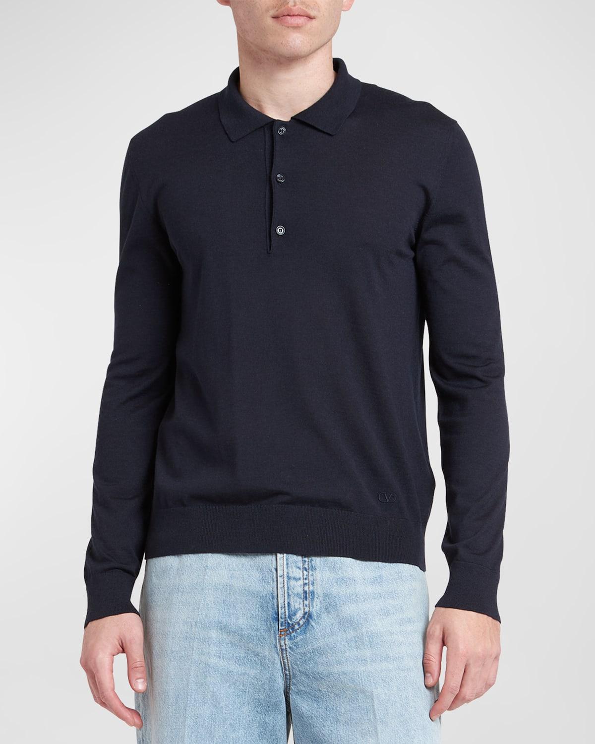 Mens Long Sleeve Cashmere & Silk Polo Shirt With V Logo Signature Embroidery Product Image