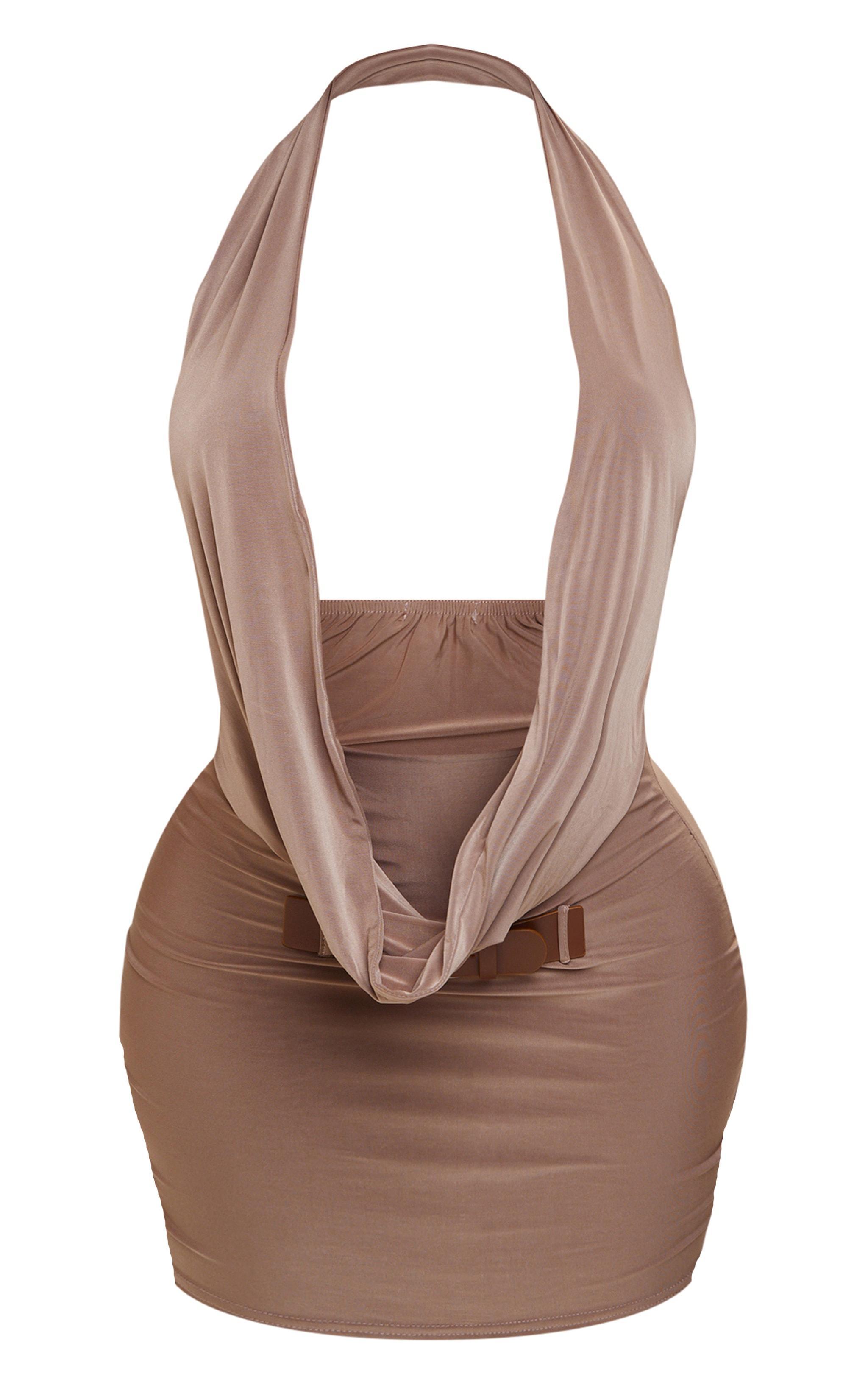 Shape Taupe Slinky Cowl Neck Buckle Dress Product Image