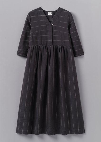 Fine Stripe Linen V-Neck Dress | Onyx Product Image