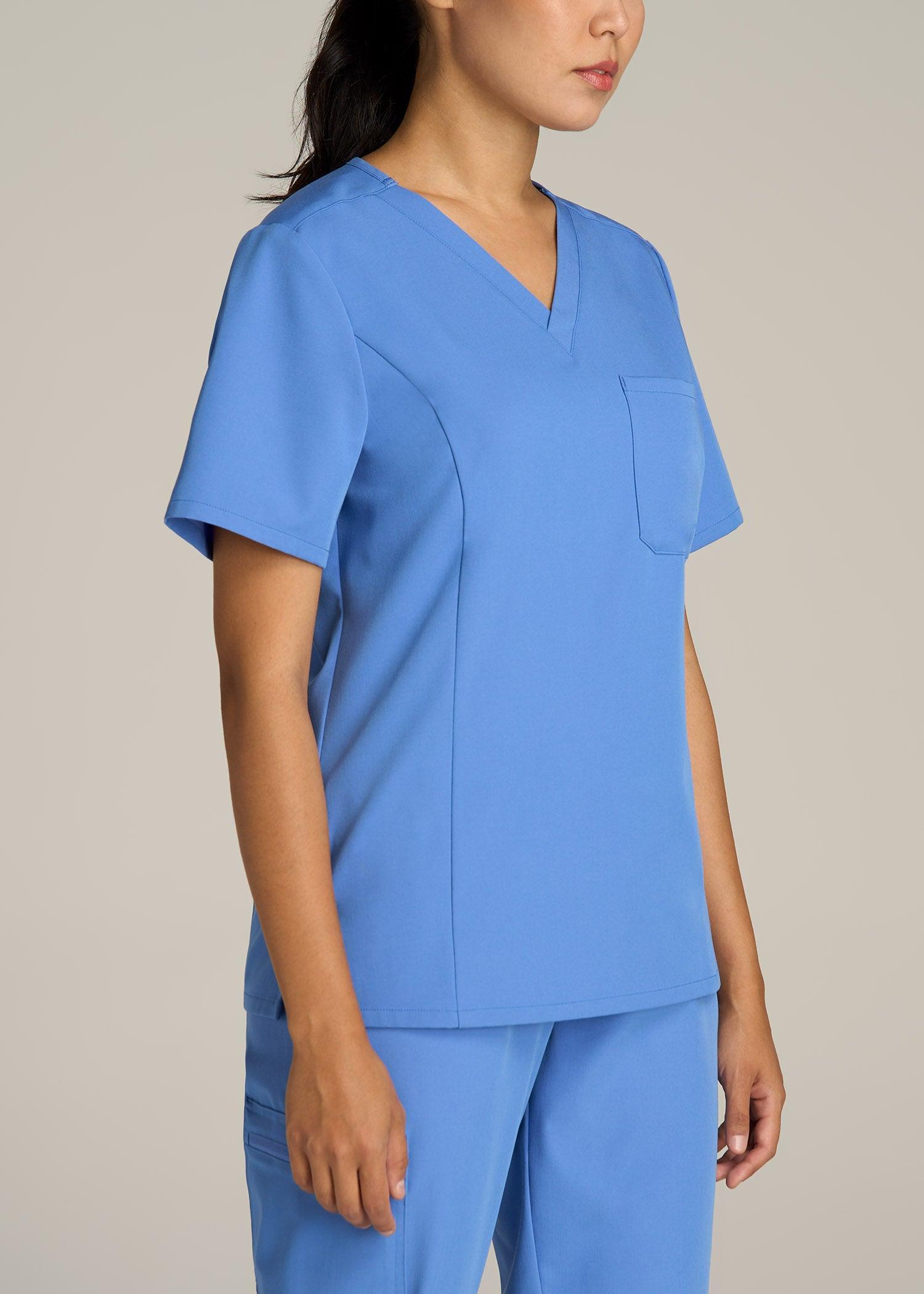 Short Sleeve V-Neck Scrub Top for Tall Women in Deep Sky Blue Product Image