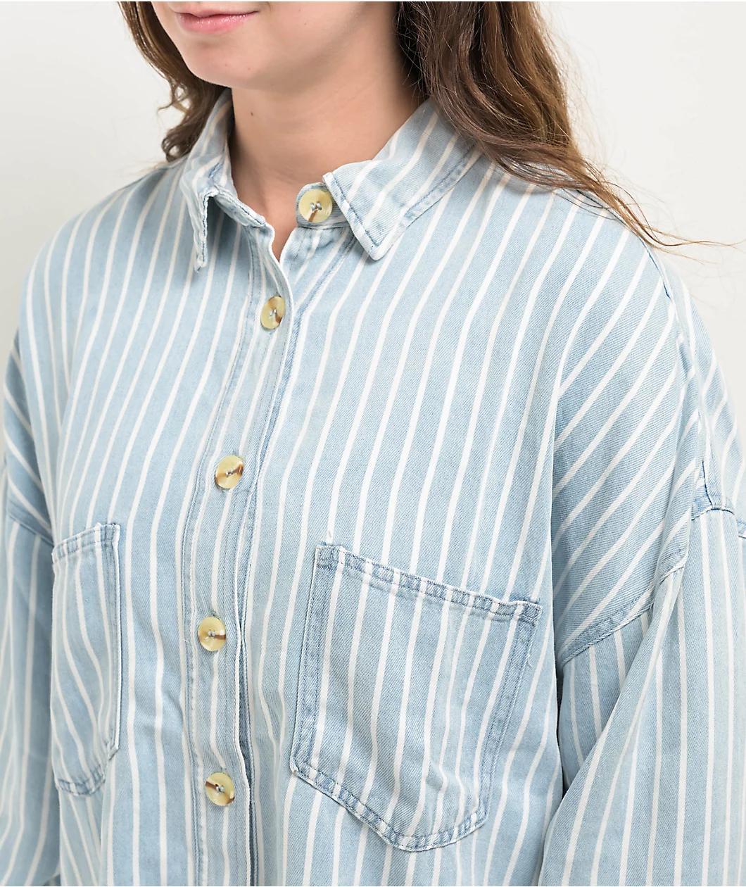 Blu Pepper Pinstripe Blue Chambray Button Up Shirt Product Image