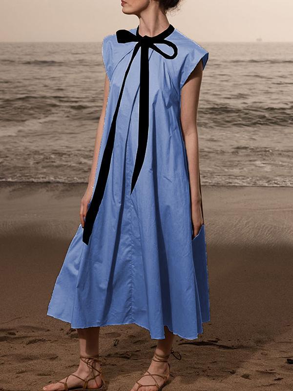 A-Line Loose Pleated Tied Round-Neck Midi Dresses Product Image