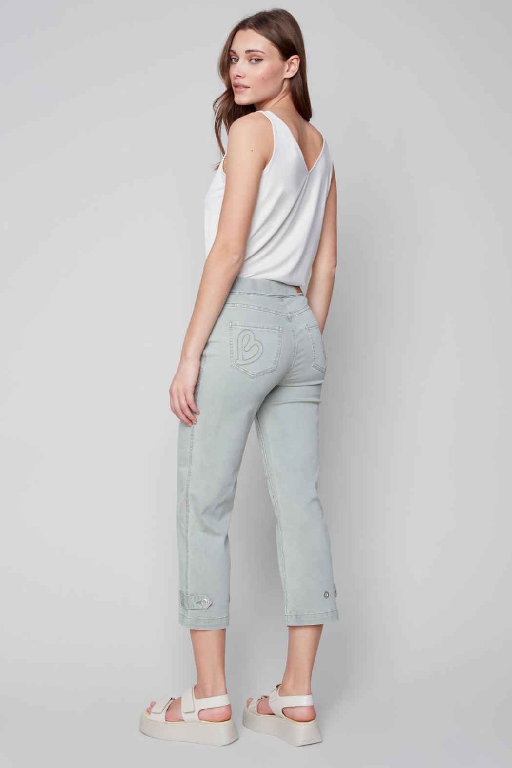 Pull on denim pant with side button detail Product Image