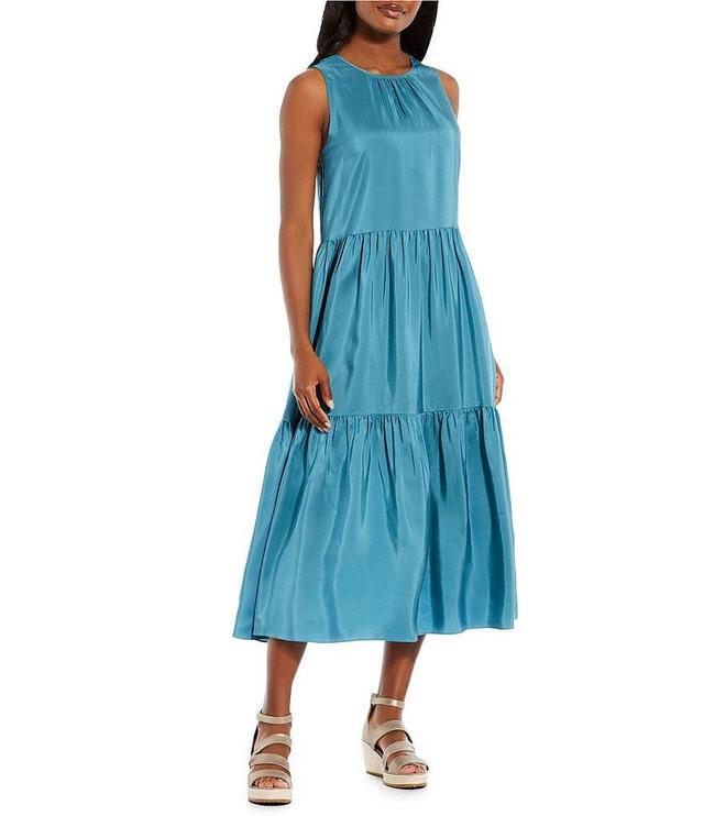 Eileen Fisher Silk Round Neck Sleeveless Tiered Shift Dress Product Image