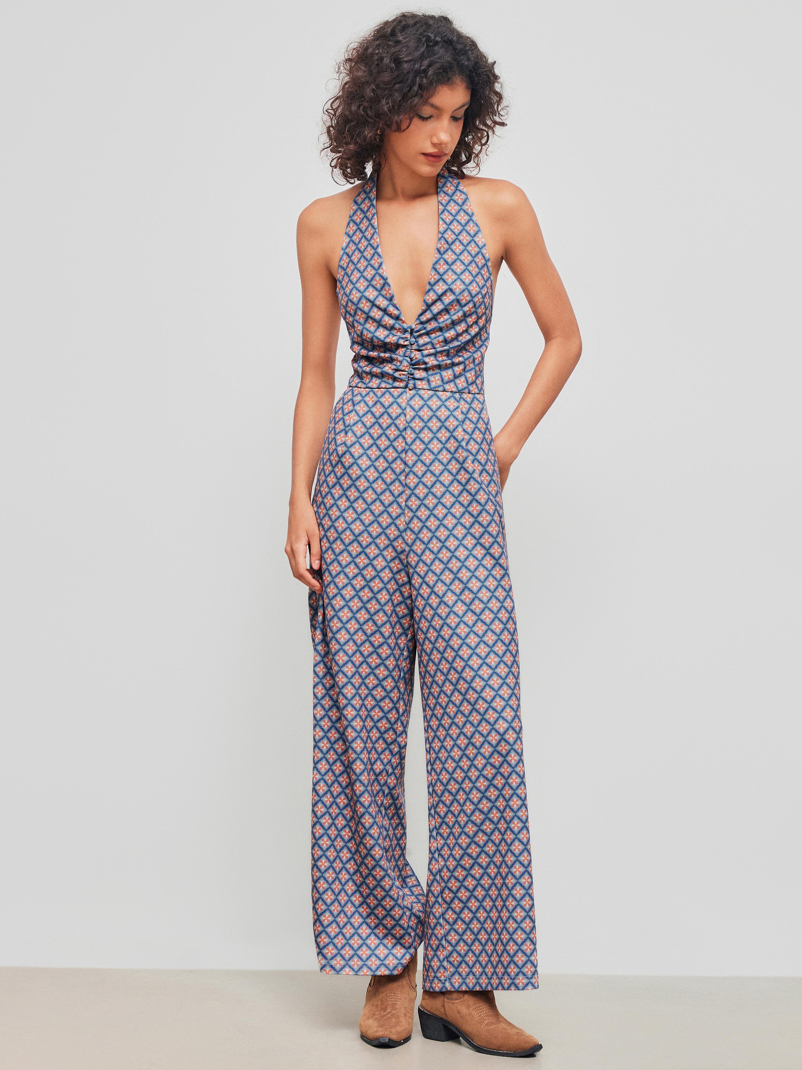 Halter Neckline Geometric Ruched Pocket Straight Leg Jumpsuit Product Image