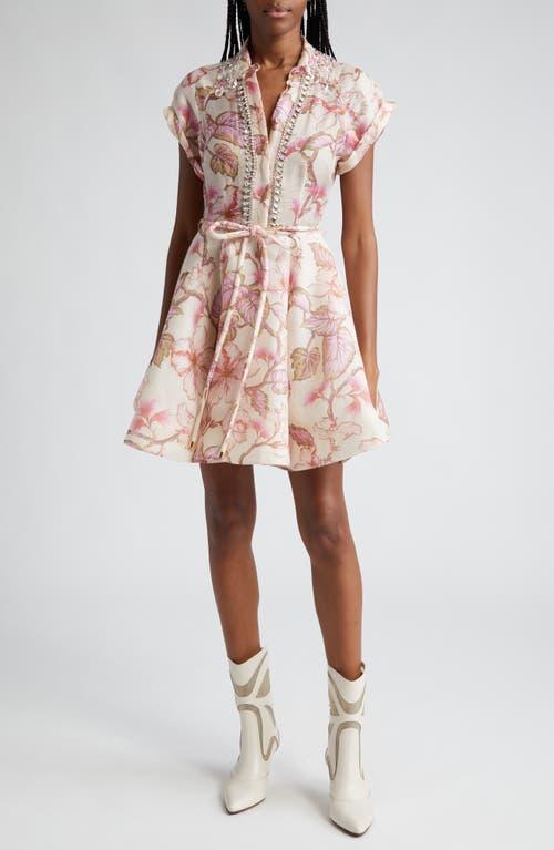 Zimmermann Matchmaker Crystal Embellished Belted Linen & Silk Organza Minidress Product Image