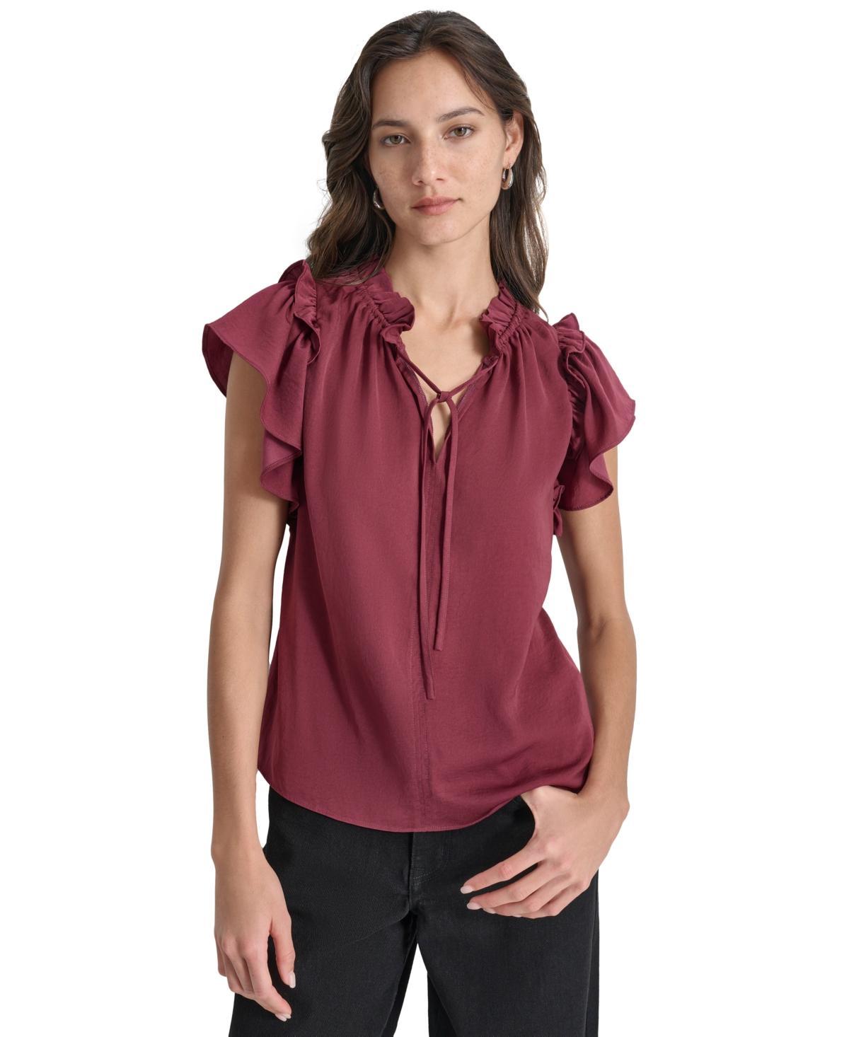 Dkny Jeans Womens Ruffle-Trim Split-Neck Top Product Image