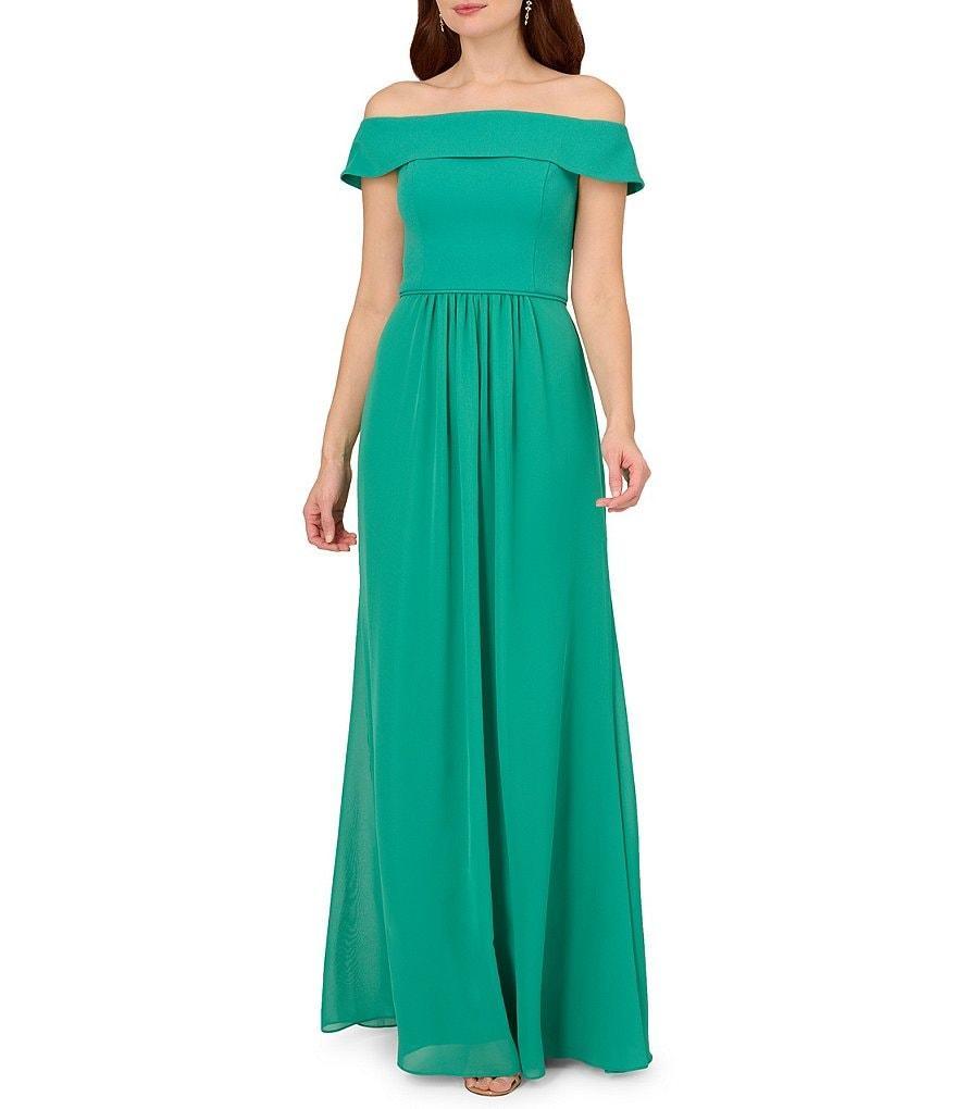 Adrianna Papell Stretch Crepe Bodice Off-the-Shoulder Chiffon A-Line Gown Product Image