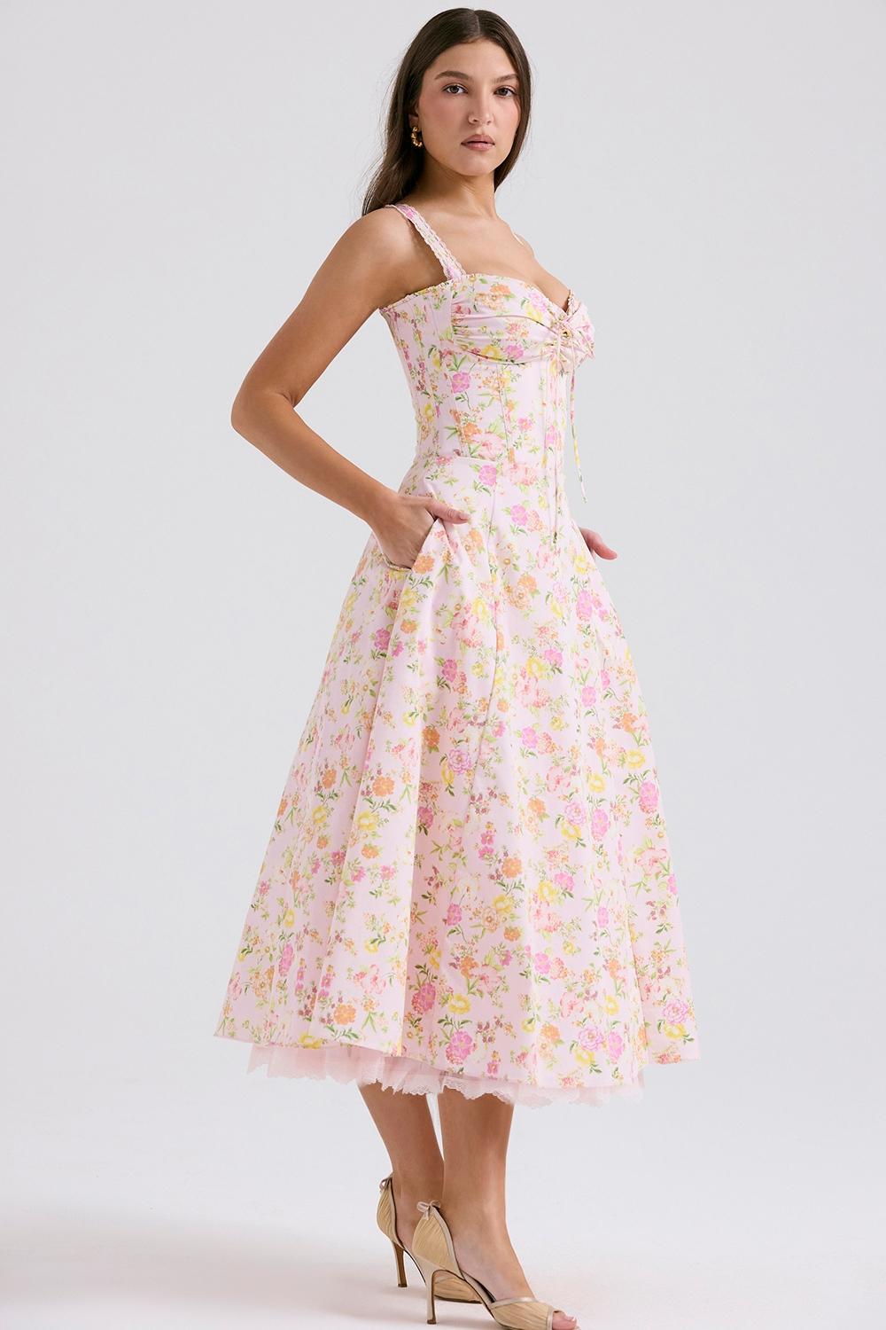 Rosalee Pink Meadow Print Cotton Bustier Sundress Product Image