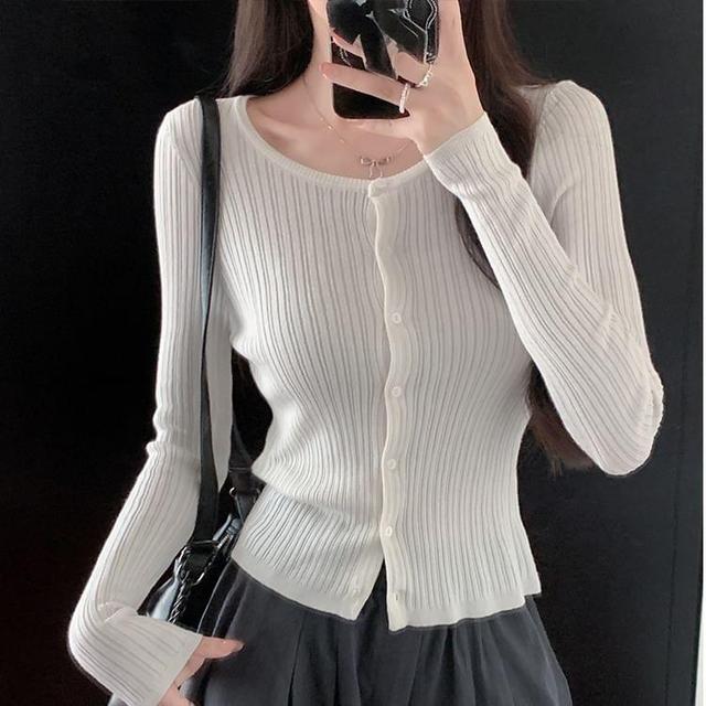 Long-Sleeve Crewneck Ribbed Button-Up Plain Knit Top Product Image