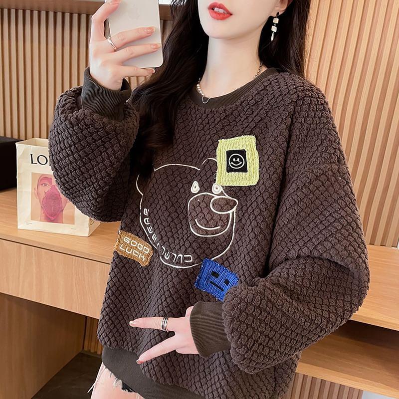 Crew Neck Bear Embroidered Applique Fleece Pullover Product Image