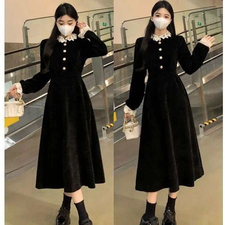 Long Sleeve Collared Plain Lace Trim Velvet Button Up Midi A-Line Dress Product Image