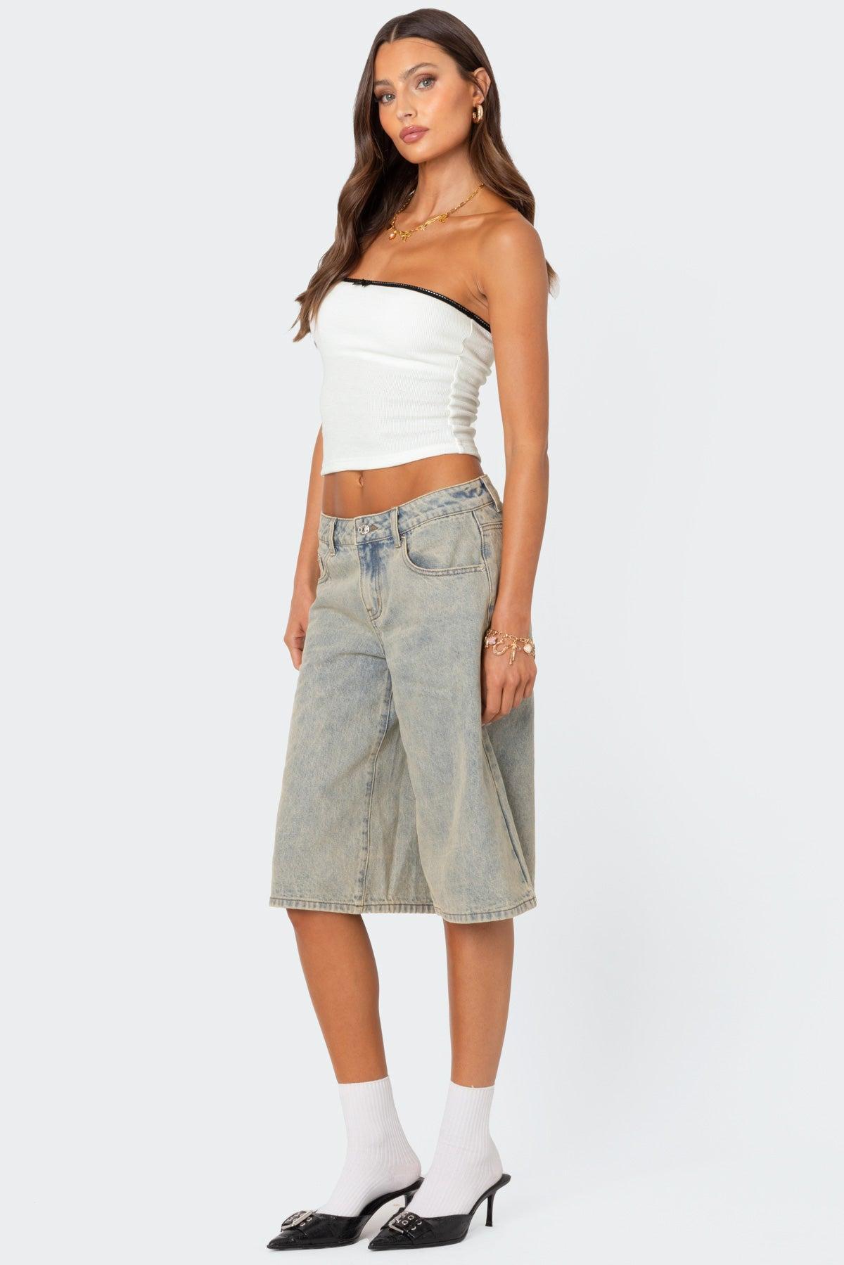 Xtra Long Acid Wash Denim Bermuda Shorts Product Image