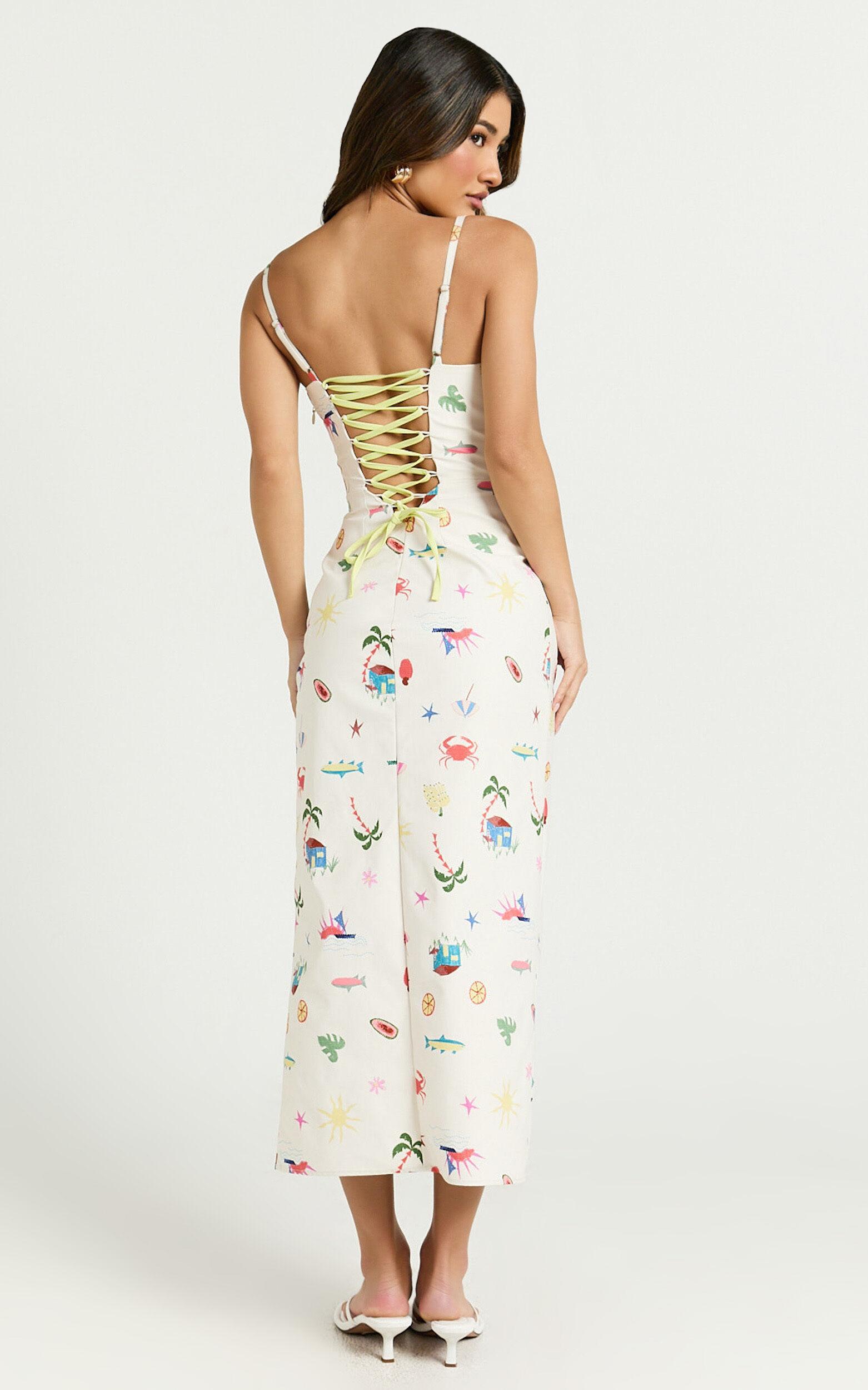 Amalie The Label - Malia Lace Up Back Midi Dress in Tropical Oasis Print Product Image