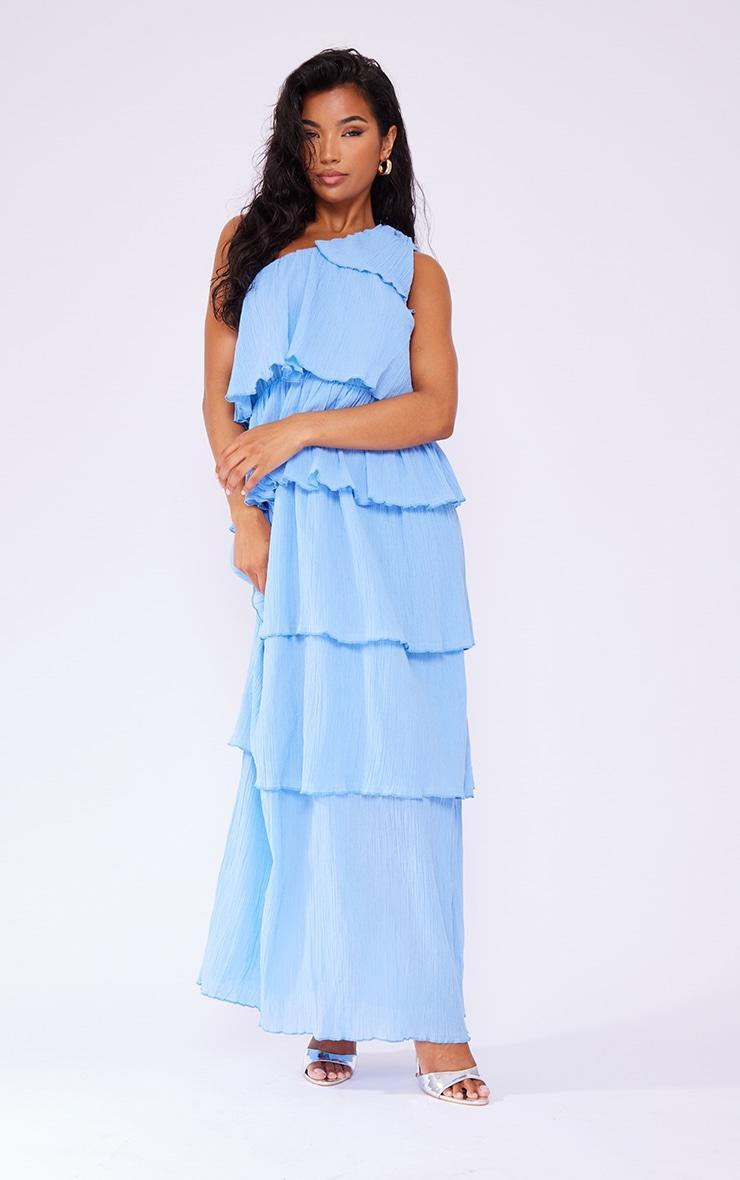 Light Blue Crinkle One Shoulder Tiered Maxi Dress Product Image