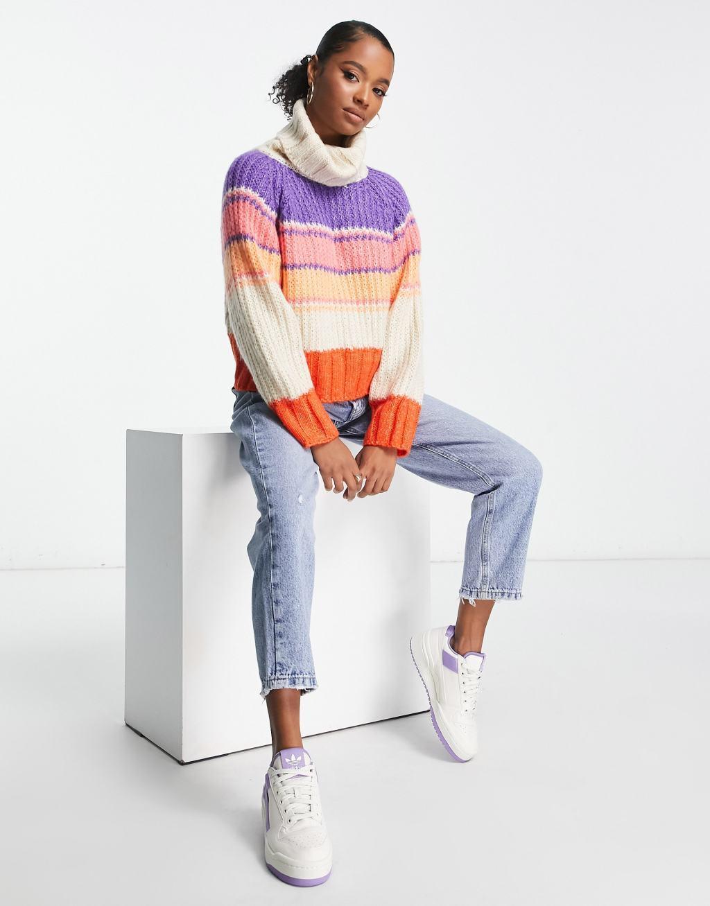 Pieces Petite ribbed roll neck sweater in pastel color block Product Image