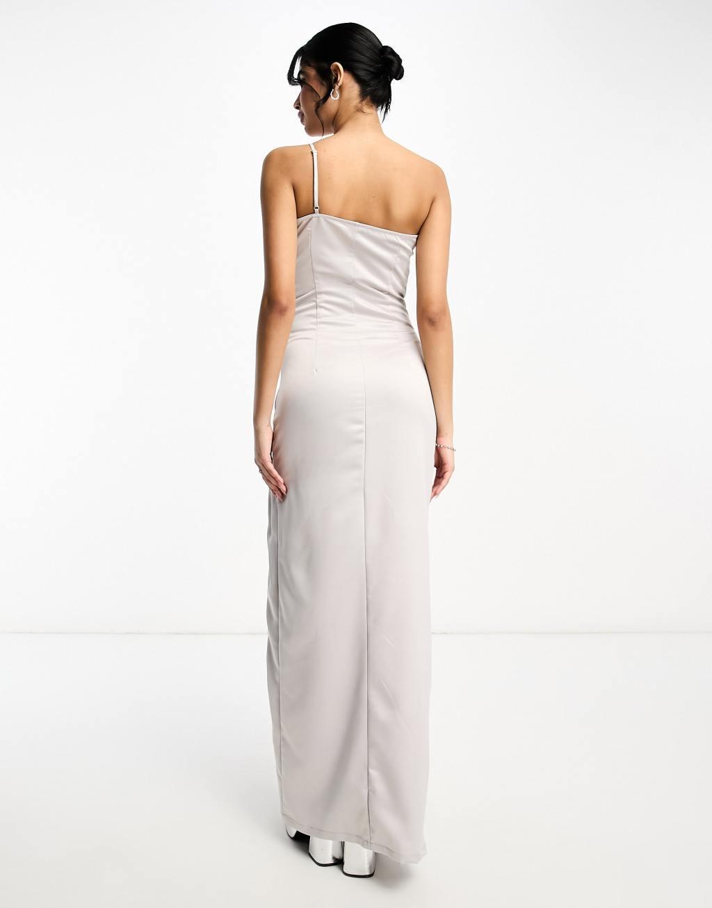 Extro & Vert Tall one shoulder maxi dress with split in stone gray satin Product Image