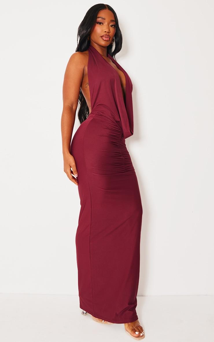  Shape Burgundy Slinky Cowl Ruched Front Maxi Dress Product Image