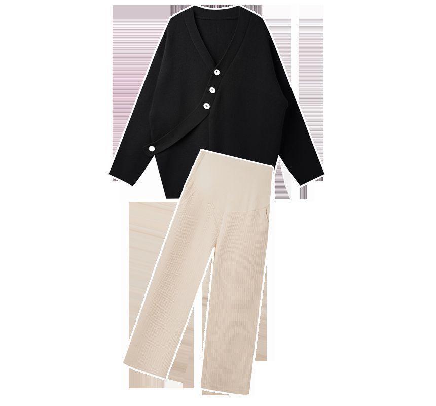 Maternity V-Neck Plain Button Sweater / Elastic Waist Plain Straight Leg Pants / Set Product Image