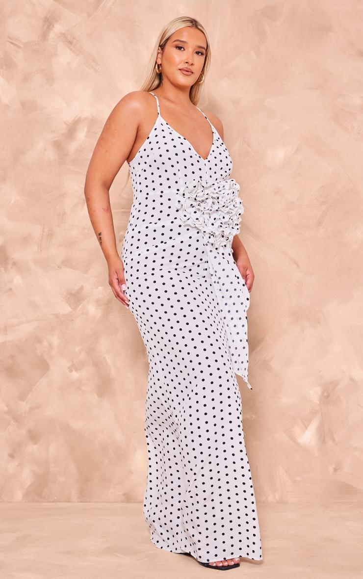 Plus White Polka Dot Satin Rose Detail Maxi Dress Product Image