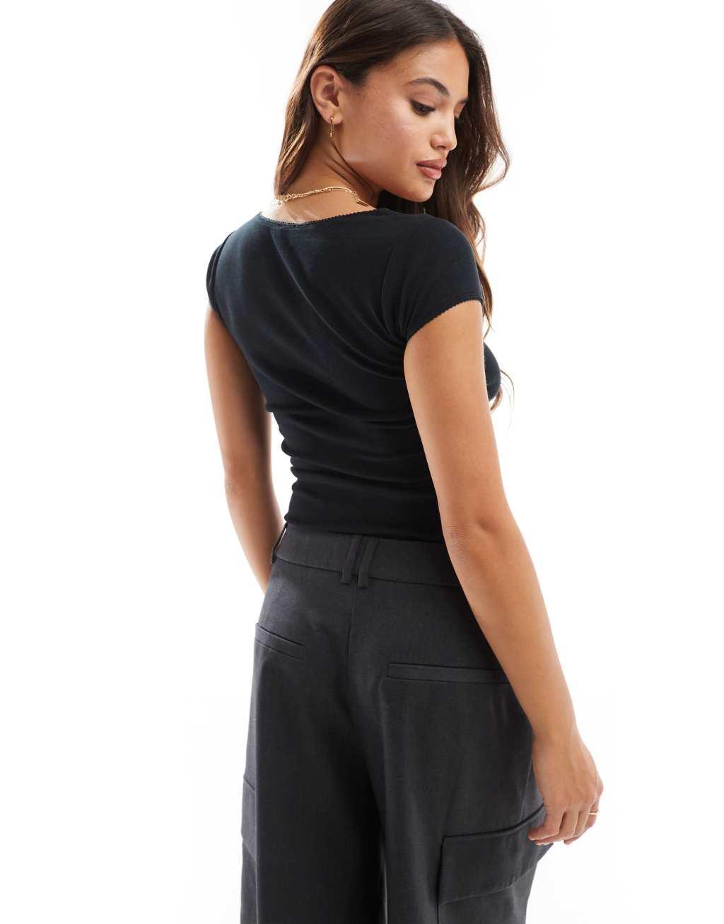 Cotton On picot trim short sleeve top in black Product Image