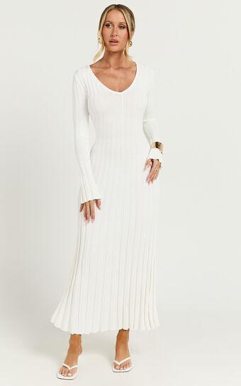 Astra Midi Dress - V Neck Long Sleeve Knit Dress in White Product Image