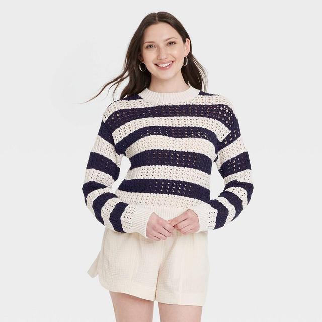 Womens Openwork Crewneck Pullover Sweater - Universal Thread Blue Striped L Product Image