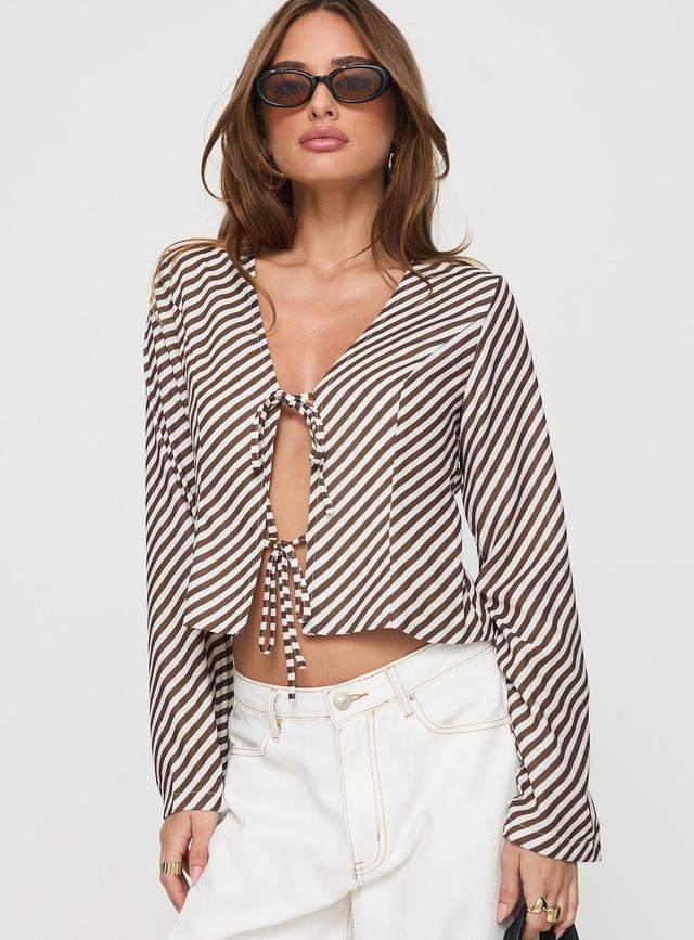 Maxette Long Sleeve Tie Top Brown Stripe Product Image