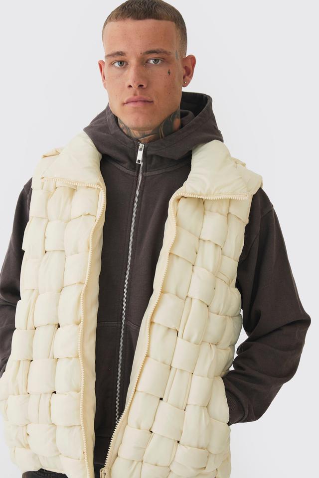 Tall Boxy Fit Hand Weft Padded Vest In Stone | boohooMAN USA Product Image