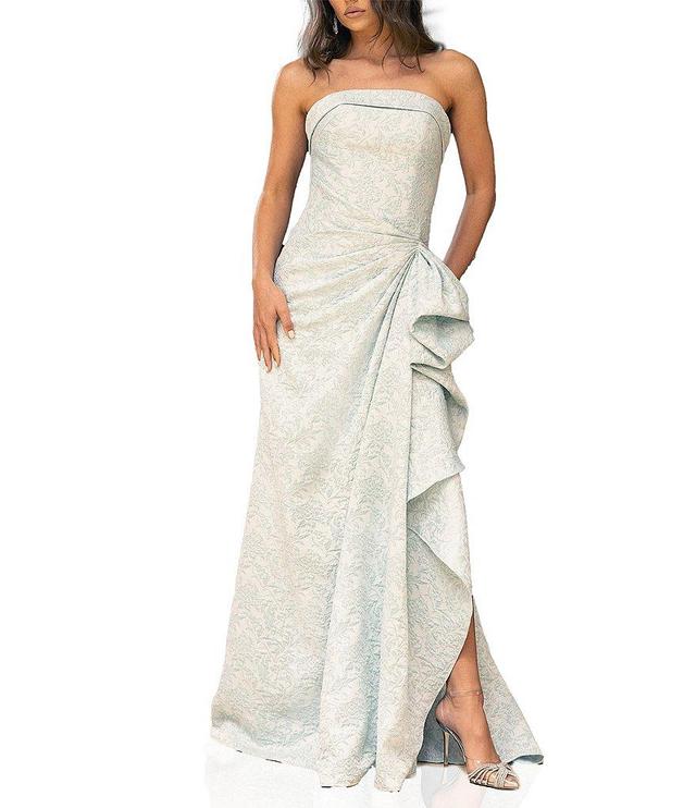 Terani Couture Brocade Strapless Sleeveless Gathered Side Ruffle Gown Product Image