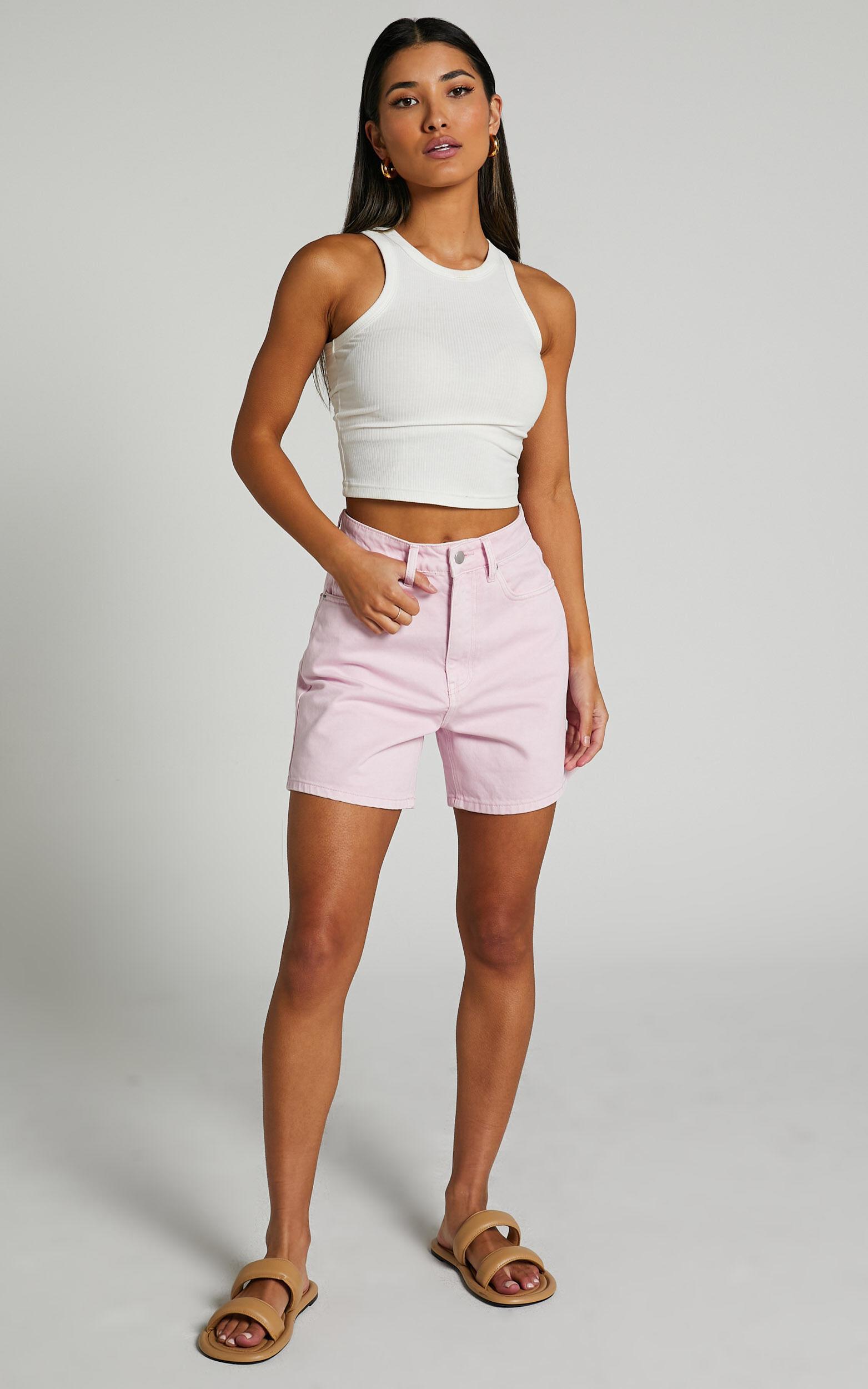 Ruffy Denim Shorts - Cotton Mom Fit Shorts in Pink Product Image