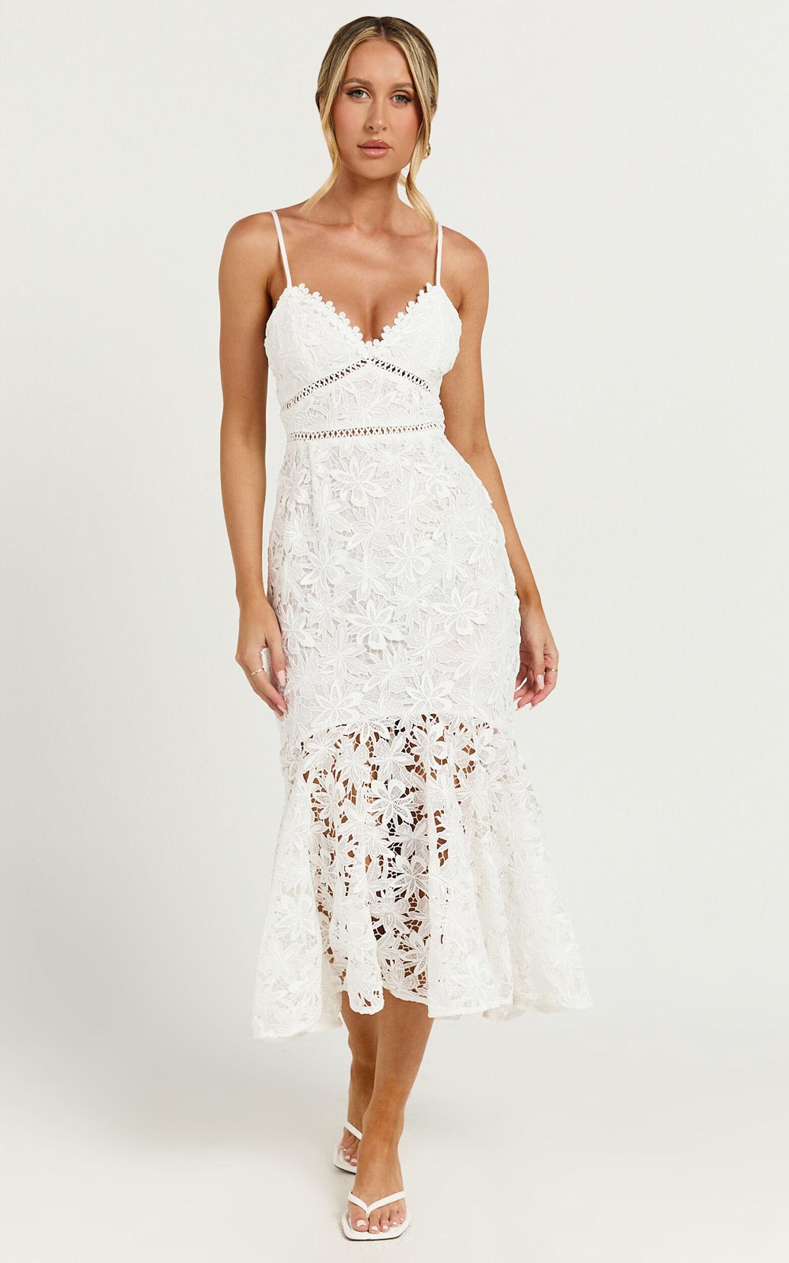 Aracely Midi Dress - Strappy Sweetheart Lace Mermaid Dress in White Product Image