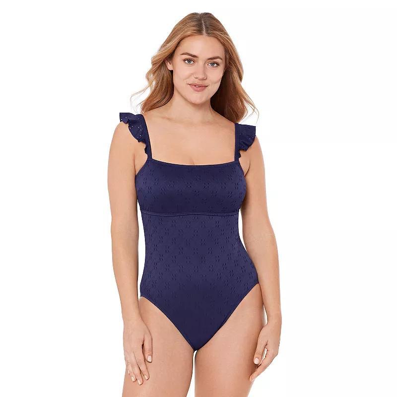 Womens DRAPER JAMES RSVP Waist Minimizer Ruffle Strap One-Piece Swimsuit Blue Product Image