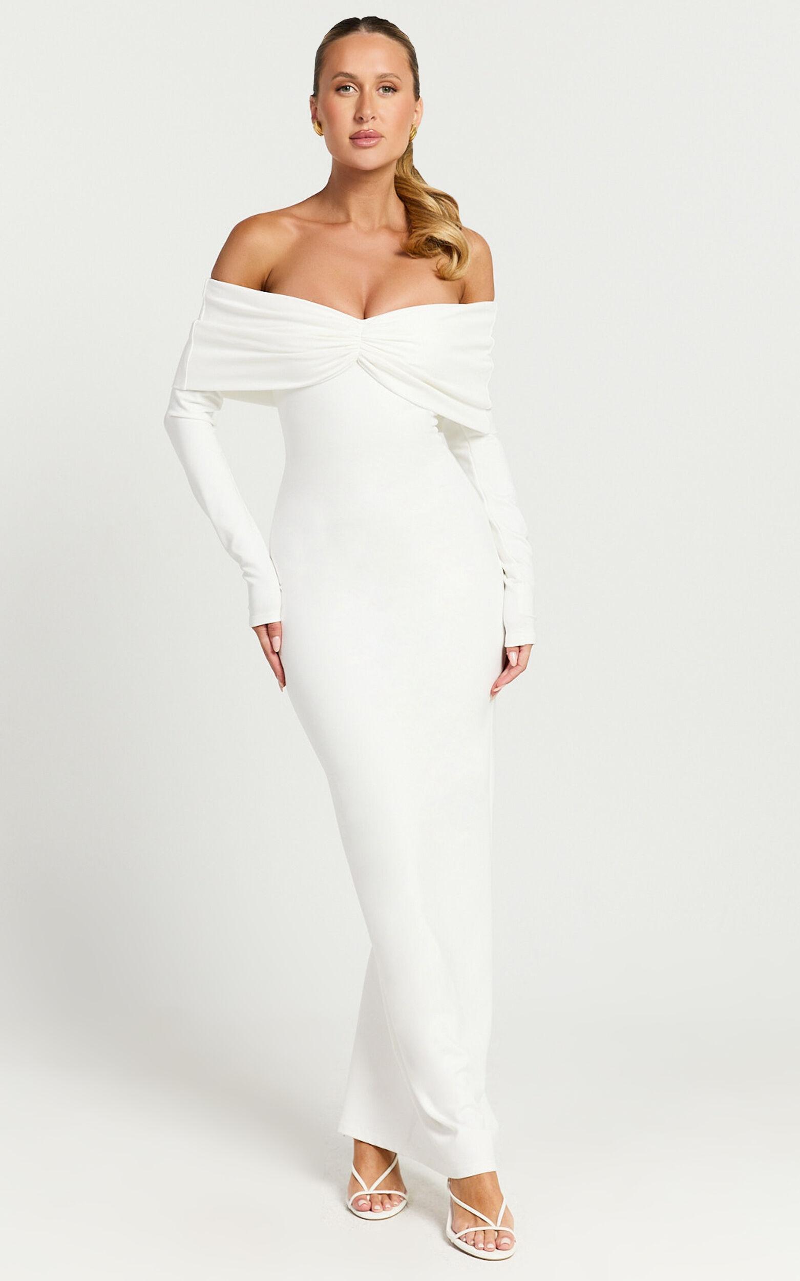 Rani Midi Dress - Off Shoulder Long Sleeve Bodycon Dress in Off White Product Image