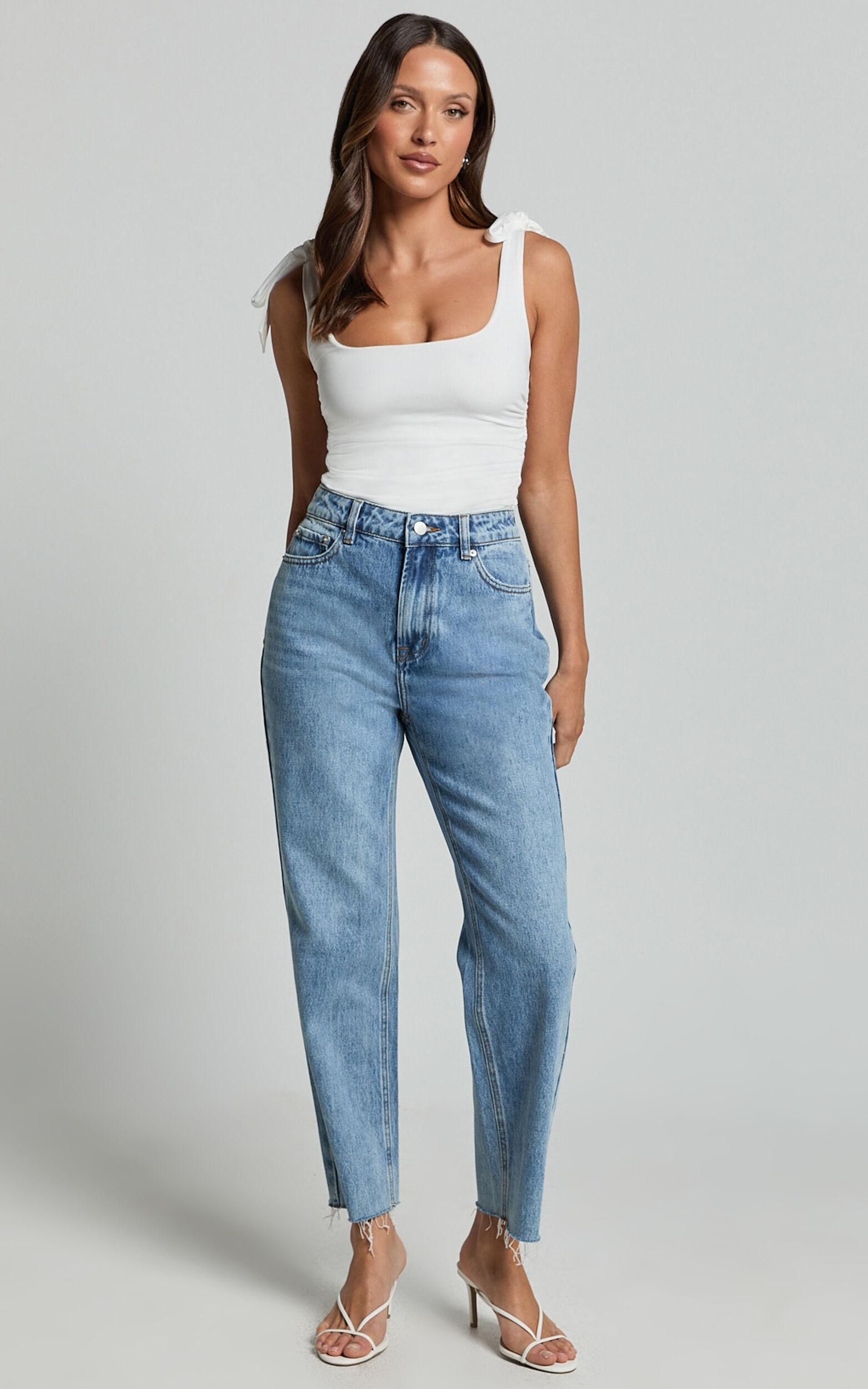 Imelda Jeans - Mid Waist Frayed Hem Recycled Denim Crop Straight Leg Jeans in Mid Blue Wash Product Image