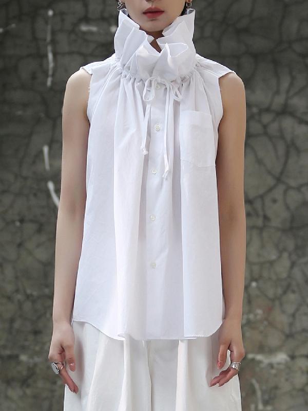 Sleeveless Pleated Solid Color Statement Collar Blouses&Shirts Tops Product Image