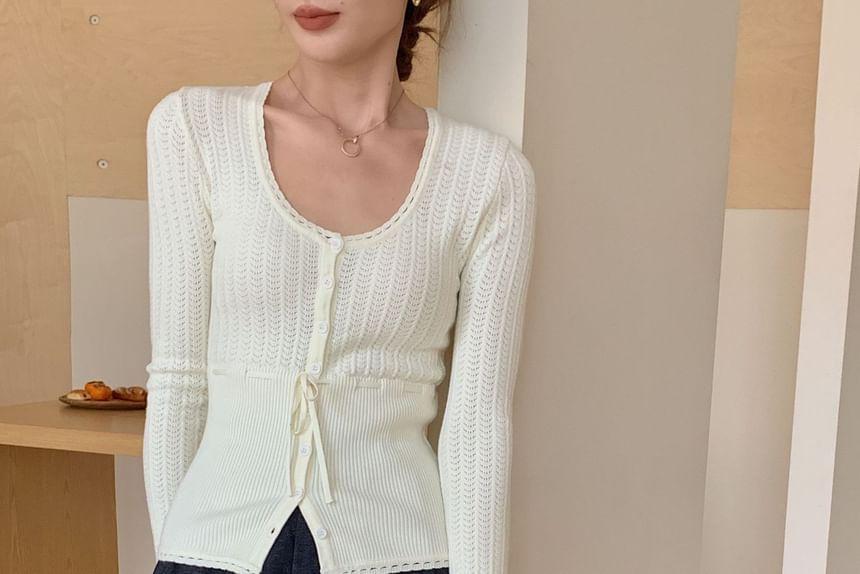 Long-Sleeve Scoop Neck Plain Button Pointelle Knit Top Product Image