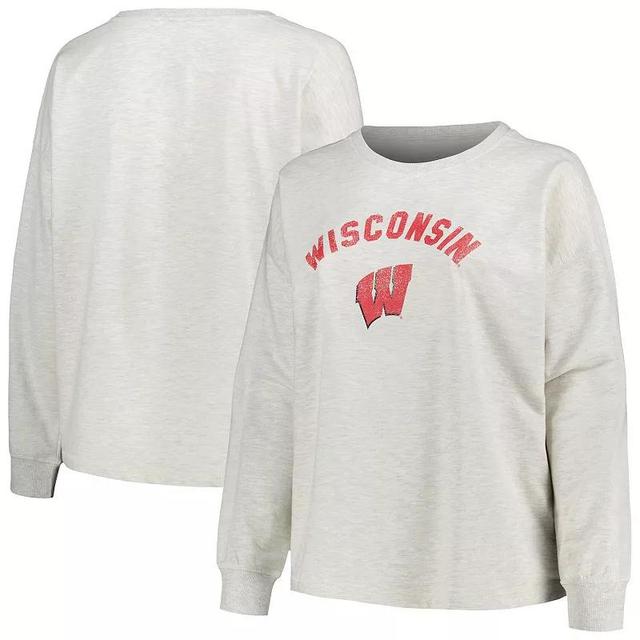 Womens Profile Oatmeal Wisconsin Badgers Distressed Arch Over Logo Neutral Boxy Pullover Sweatshirt Product Image