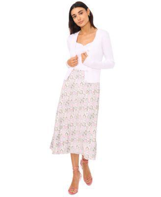 Cece Womens Sweetheart Neck Knit Tank Imitation Pearl Button Cardigan Floral Print Midi Slip Skirt Product Image