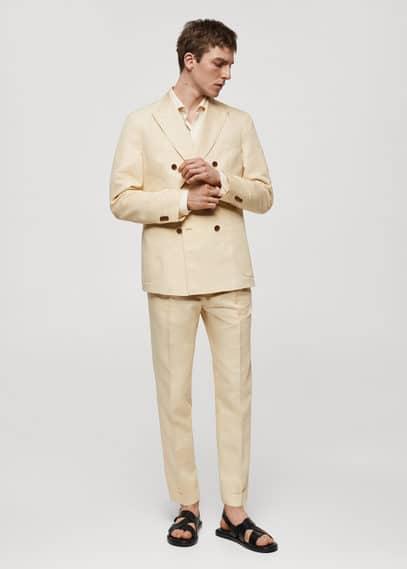 MANGO MAN - Cotton linen suit pants with pleats pastel yellowMen Product Image