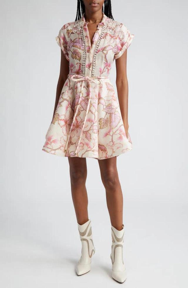 ZIMMERMANN Matchmaker Embellished Floral-print Linen And Silk-blend Mini Dress In Coral Hibiscus Product Image