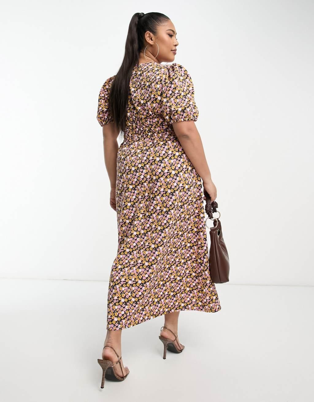 ASOS DESIGN Curve shirred waist midi tea dress with volume sleeve in ditsy print Product Image