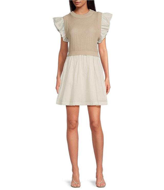 En Saison Freya Mixed Media Round Neck Ruffle Sleeve Knit Overlay Mini Dress Product Image