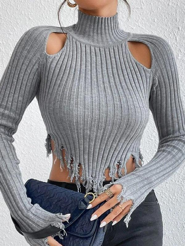 Long Sleeves Skinny Fringed Hollow Solid Color Split-Joint High Neck Sweater Tops Product Image