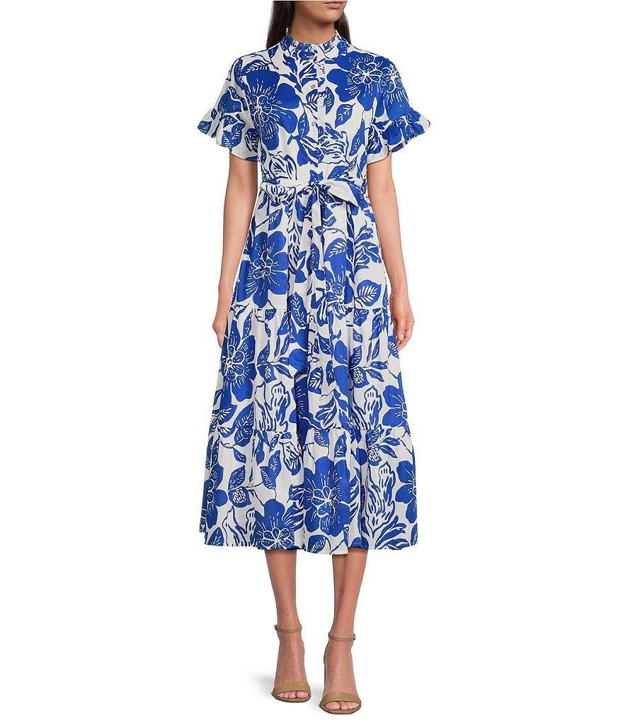 J.Marie Laken Button Up Ruffle Sleeve Tie Waist Tiered Midi Dress Product Image