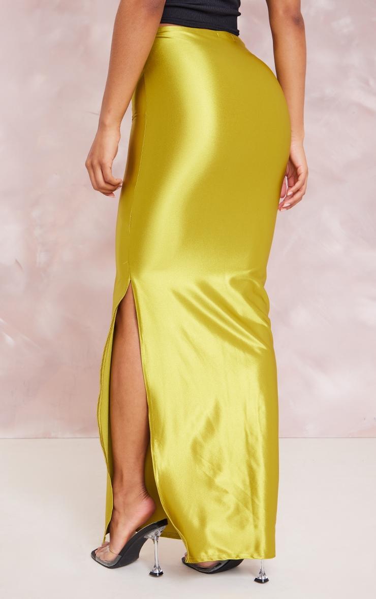 Olive Stretch Satin Split Side Maxi Skirt Product Image